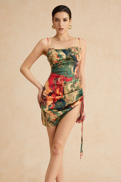 Watercolor Print Satin Ruched Drawstring Slip Mini Dress - MISMIMCWDC2412250027-BLUE-XS