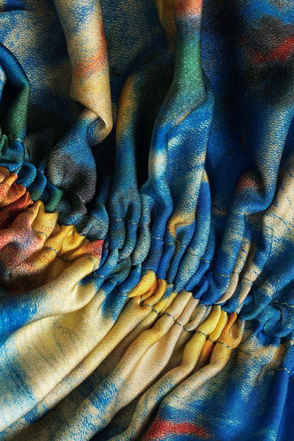 Watercolor Print Satin Ruched Drawstring Slip Mini Dress - MISMIMCWDC2412250027-BLUE-XS