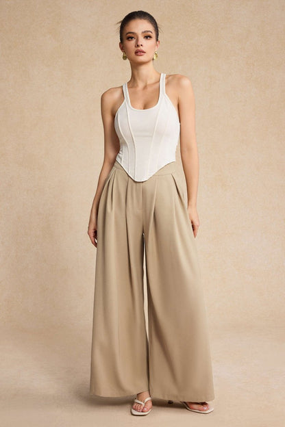 Wide Leg Pleated Trousers - MISMIMCWBT2411140049-KHAKI-XS