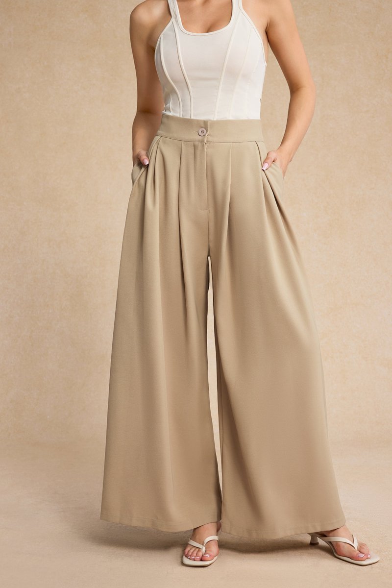 Wide Leg Pleated Trousers - MISMIMCWBT2411140049-KHAKI-XS