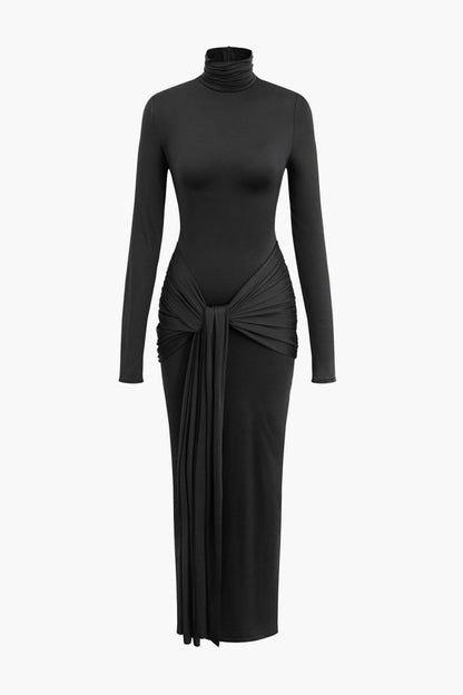 Wrap Ruched High Neck Long Sleeve Maxi Dress - MISMIMCWDA2309180103-BLACK-XS