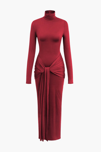 Wrap Ruched High Neck Long Sleeve Maxi Dress - MISMIMCWDA2309180103-RED-XS
