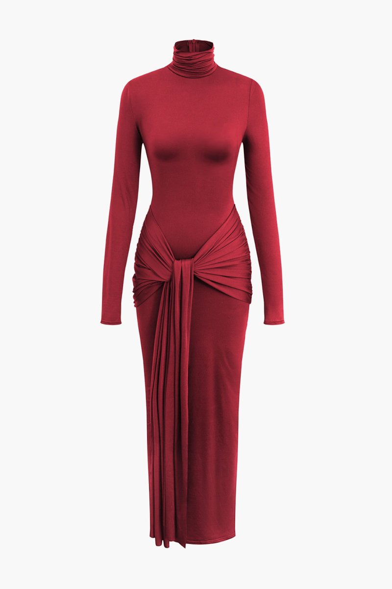 Wrap Ruched High Neck Long Sleeve Maxi Dress - MISMIMCWDA2309180103-RED-XS