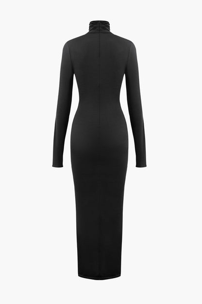 Wrap Ruched High Neck Long Sleeve Maxi Dress - MISMIMCWDA2309180103-BLACK-XS