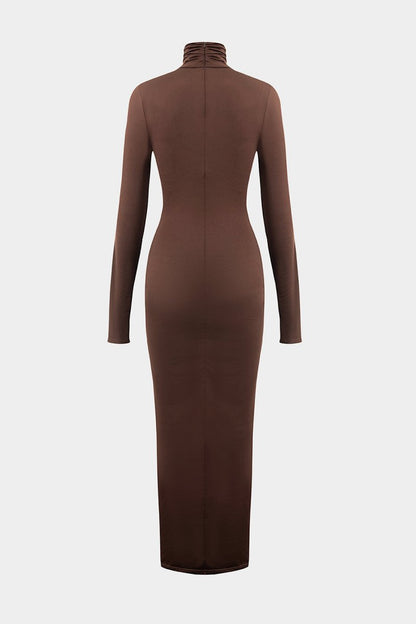 Wrap Ruched High Neck Long Sleeve Maxi Dress - MISMIMCWDA2309180103-COFFEE-XS