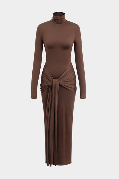 Wrap Ruched High Neck Long Sleeve Maxi Dress - MISMIMCWDA2309180103-COFFEE-XS