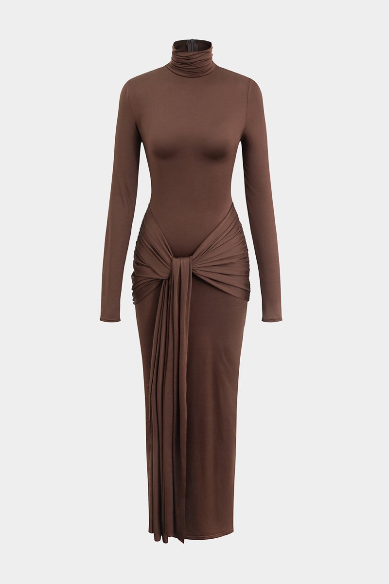 Wrap Ruched High Neck Long Sleeve Maxi Dress - MISMIMCWDA2309180103-COFFEE-XS
