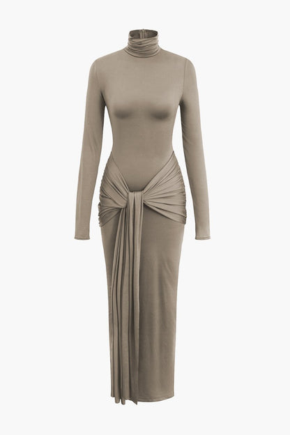 Wrap Ruched High Neck Long Sleeve Maxi Dress - MISMIMCWDA2309180103-KHAKI-XS